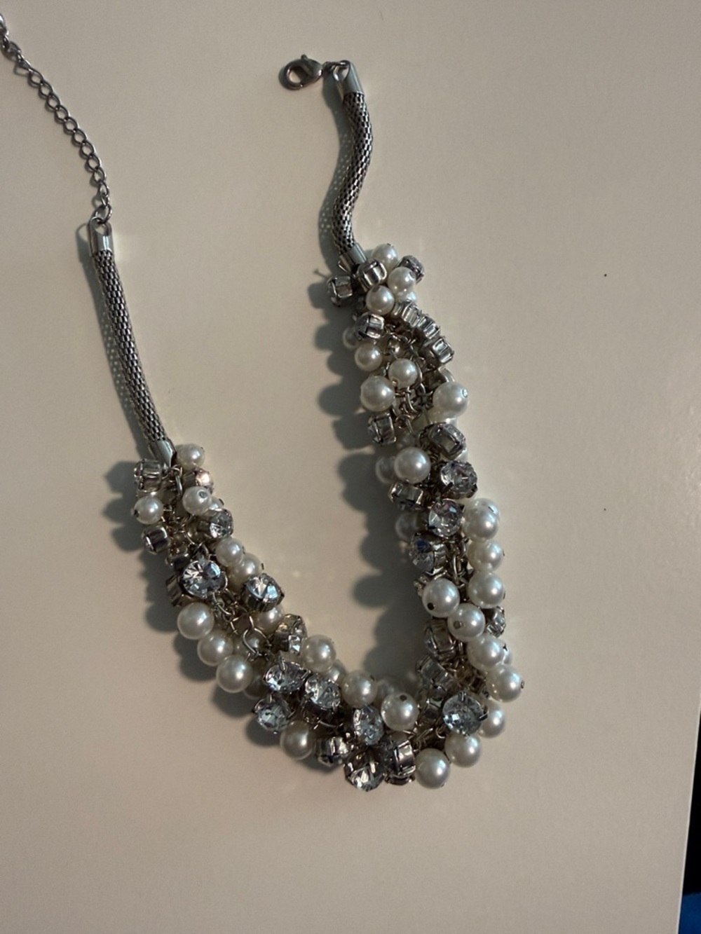 Pearl & Crystal Costume Statement Necklace - Silver and White